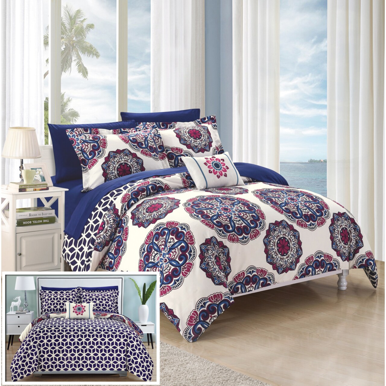 Chic Home 8 or 6 Pc. Barella Super soft Large Printed Medallion REVERSIBLE with Geometric Printed Backing Comforter Set
